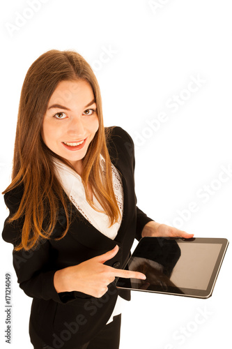 attractive young business woman showing presentation on her tablet