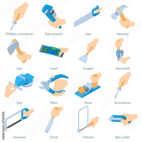 Hand hold tool icons set, isometric style