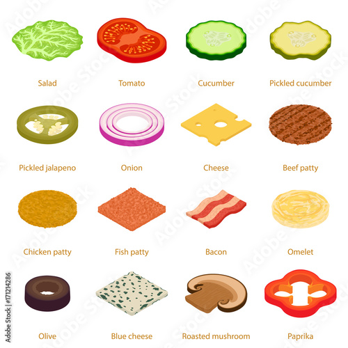 Slice food icons set, isometric style
