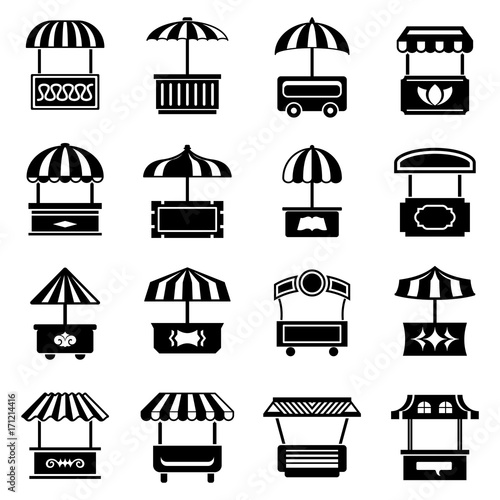 Street food kiosk icons set, simple style