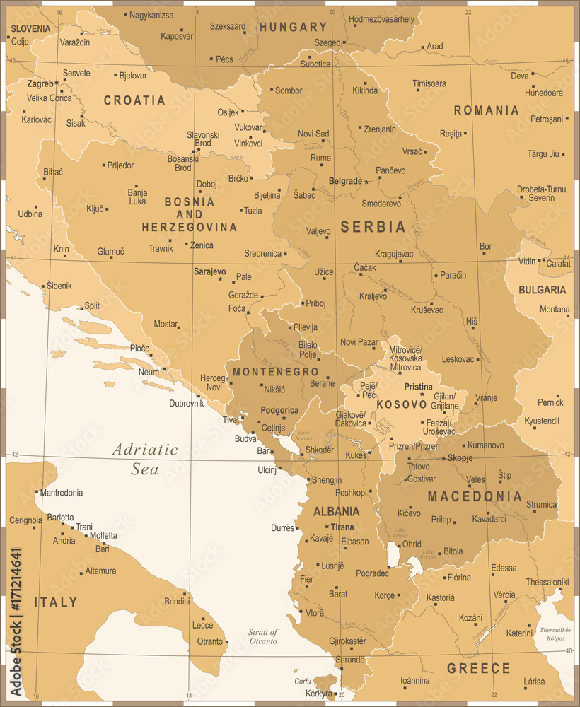 Central Balkan Map - Vintage Vector Illustration