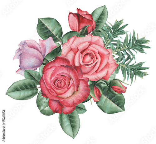 Hand painted watercolor charming combination of Flowers and Leaves, isolated on white background