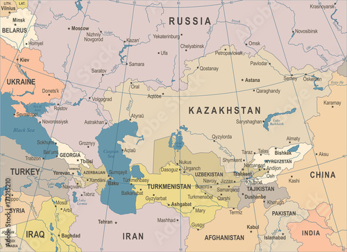 Fototapeta Naklejka Na Ścianę i Meble -  Caucasus and Central Asia Map - Vintage Vector Illustration