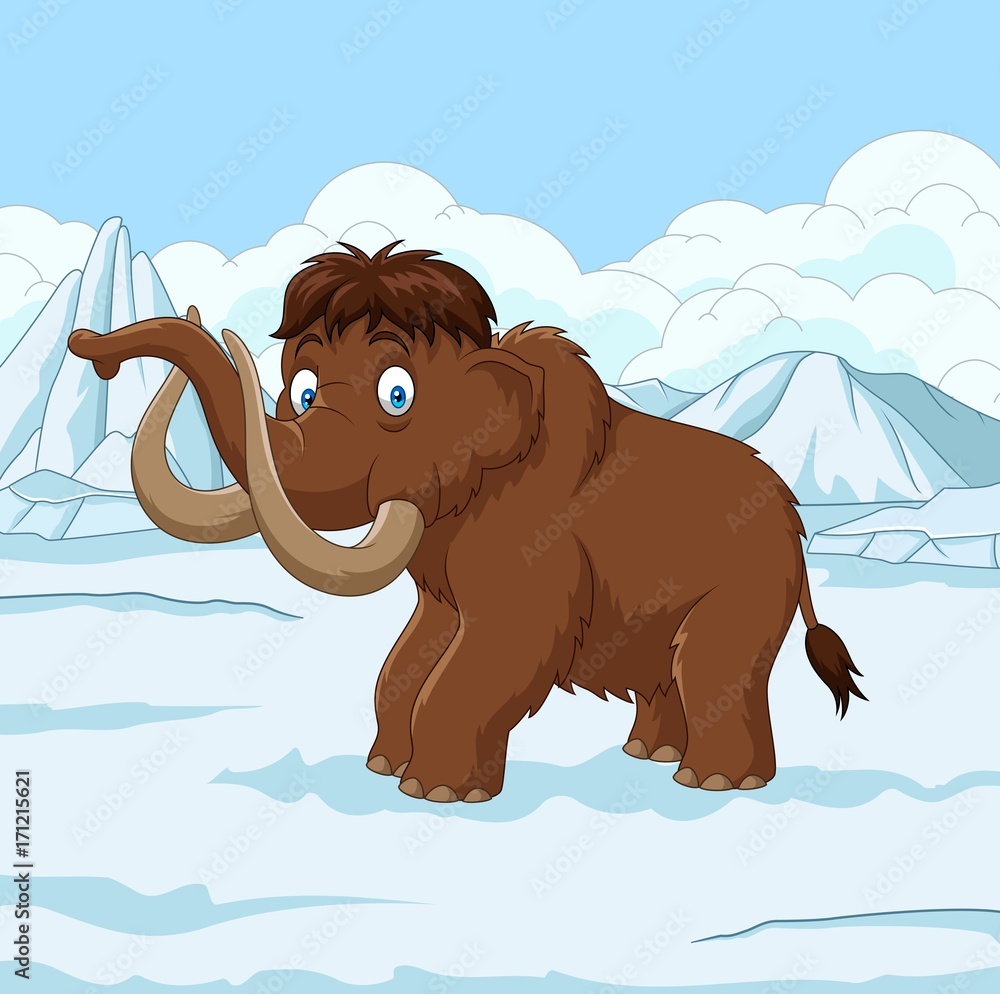 Naklejka premium Cartoon Woolly Mammoth walking through a snowy field