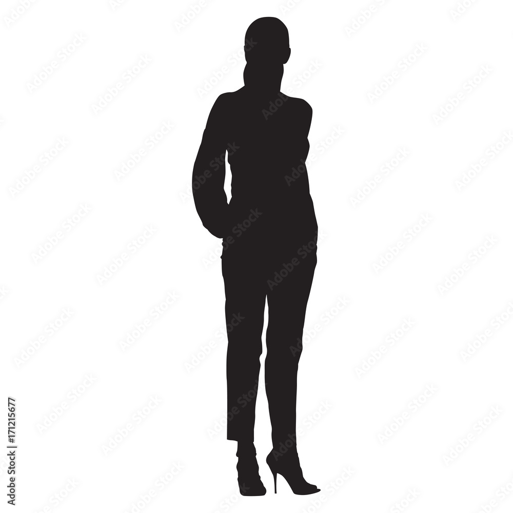 Woman standing with hands in pockets dressed in trousers and shirt. Isolated vector silhouette