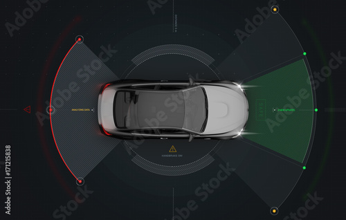 Smart car sensors - futuristic concept, top view (with grunge overlay) - 3D illustration