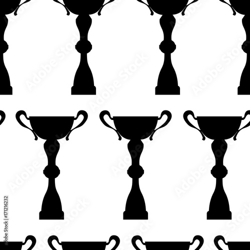 Winner trophy cup seamless pattern. Black simple silhouette texture. Championship prize for first place. Vector illustration.
