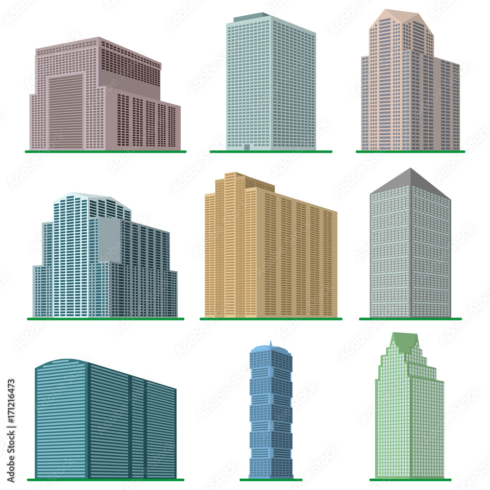 Set of nine  modern high-rise building on a white background. View of the building from the bottom. Isometric vector illustration.
