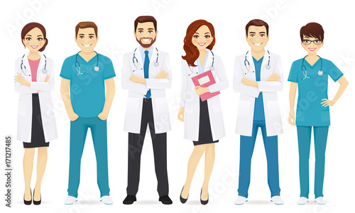Doctors team in different poses set vector illustration