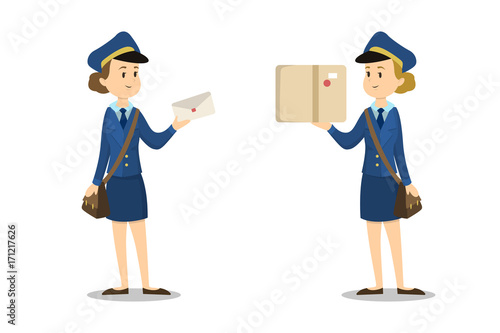 Isolated postwomen with parcel.