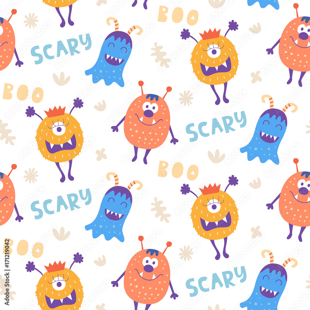 Seamless pattern with cute scary Halloween monsters
