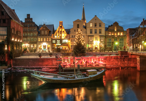Snow- and Christmasscenery by night, Lüneburg, near Hamburg, Germany.