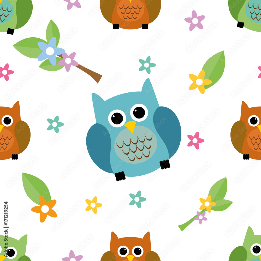 Fototapeta premium Seamless tiling cute and colorful texture with owls and flowers