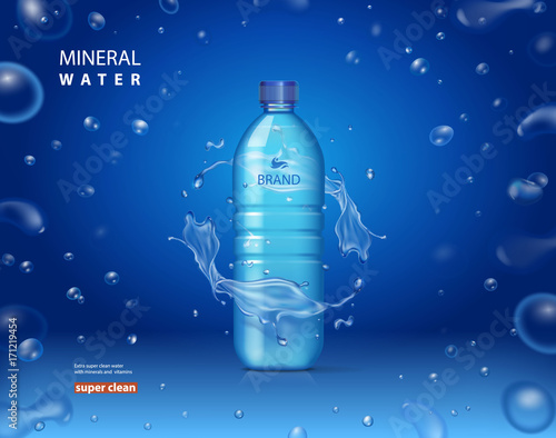 Drinking mineral water bottle ad on blue background with shiny sparkling drops. realistic 3d vector illustration