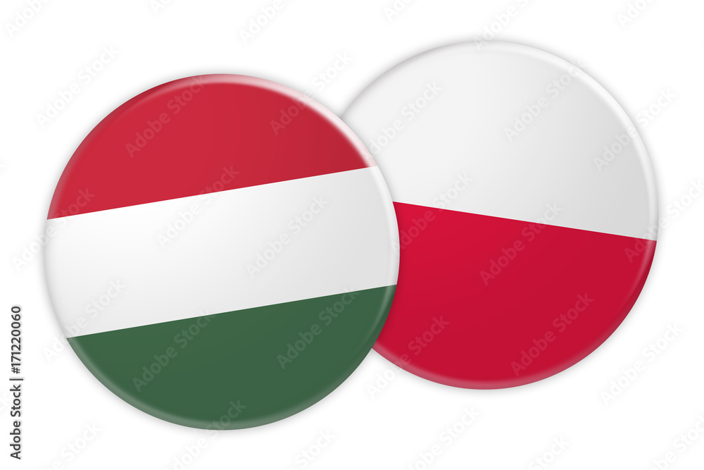 News Concept: Hungary Flag Button On Poland Flag Button, 3d illustration on white background News Concept: Hungary Flag Button On Poland Flag Button, 3d illustration on white background