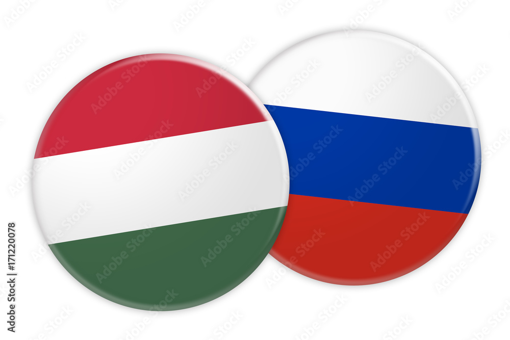News Concept: Hungary Flag Button On Russia Flag Button, 3d illustration on white background News Concept: Hungary Flag Button On Russia Flag Button, 3d illustration on white background