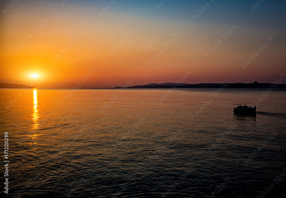 Panorama of sunset or sunrise on the calm sea