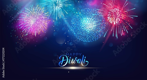 Diwali festival lights poster. DIwali holiday shiny background with fireworks. Vector illustration