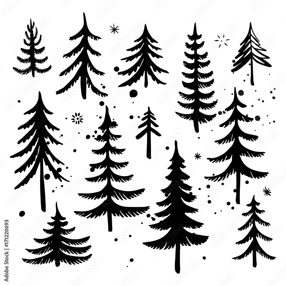 Obraz premium Set of hand drawn Christmas tree. Fir tree silhouettes. Vector illustration.