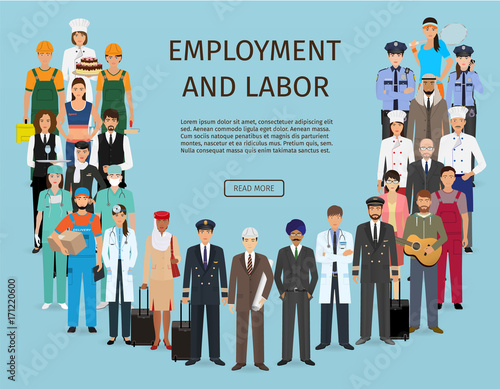 Group of people with different occupation. Employment and labor day banner. Employee characters standing together.