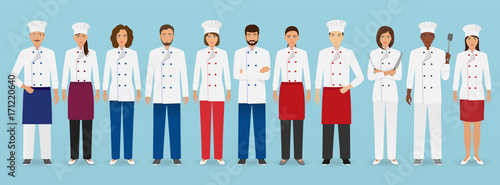 Food service occupation team standing in uniform. Group of catering characters chef, cook, waiters and barman.
