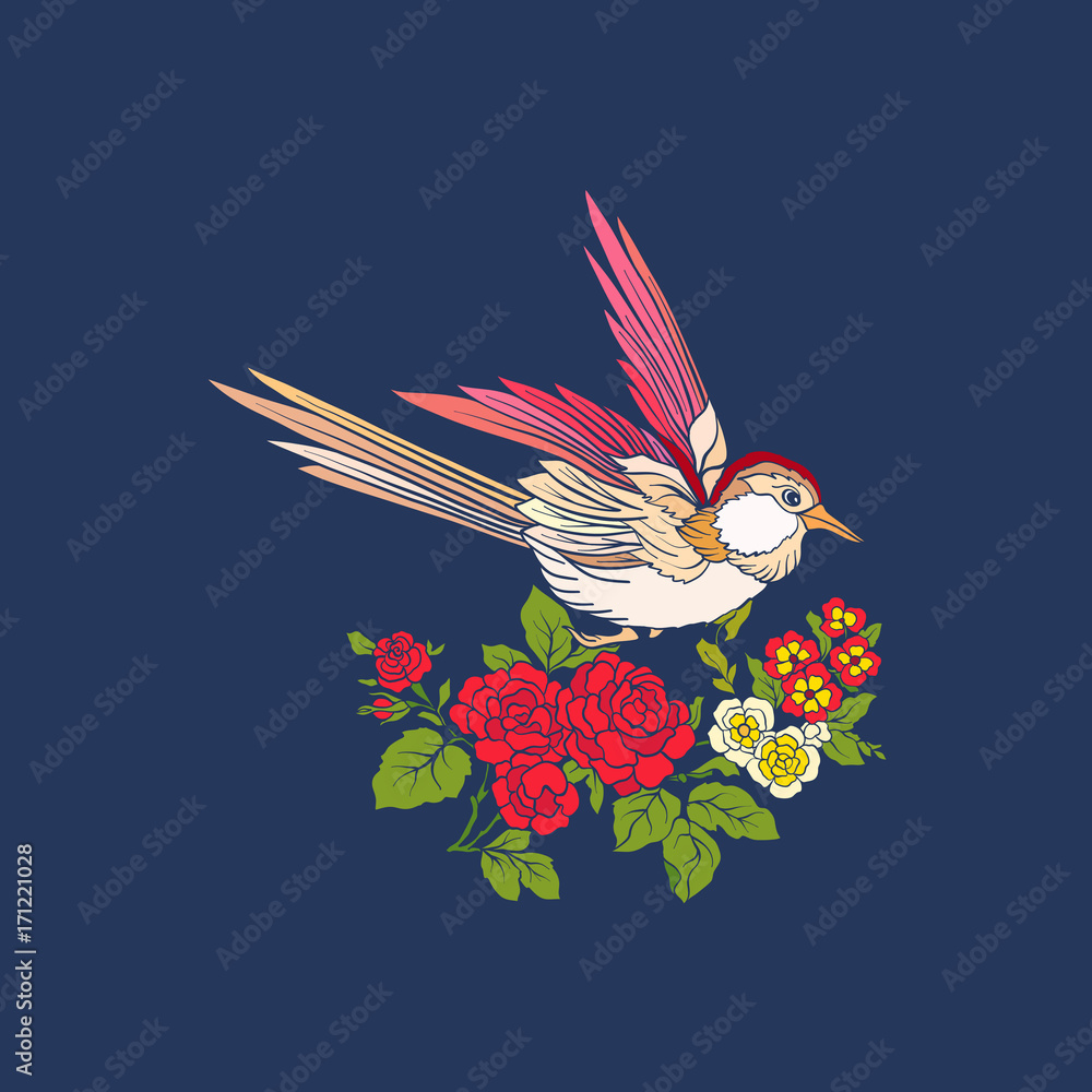 Naklejka premium Flowers and swallow on jeans background.