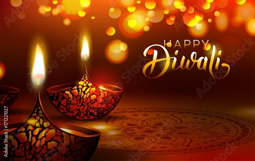 Diwali festival poster. DIwali holiday shiny background with diya lamps and rangoli. Vector illustration