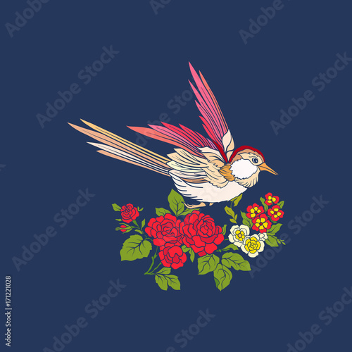 Flowers and swallow on jeans background. 