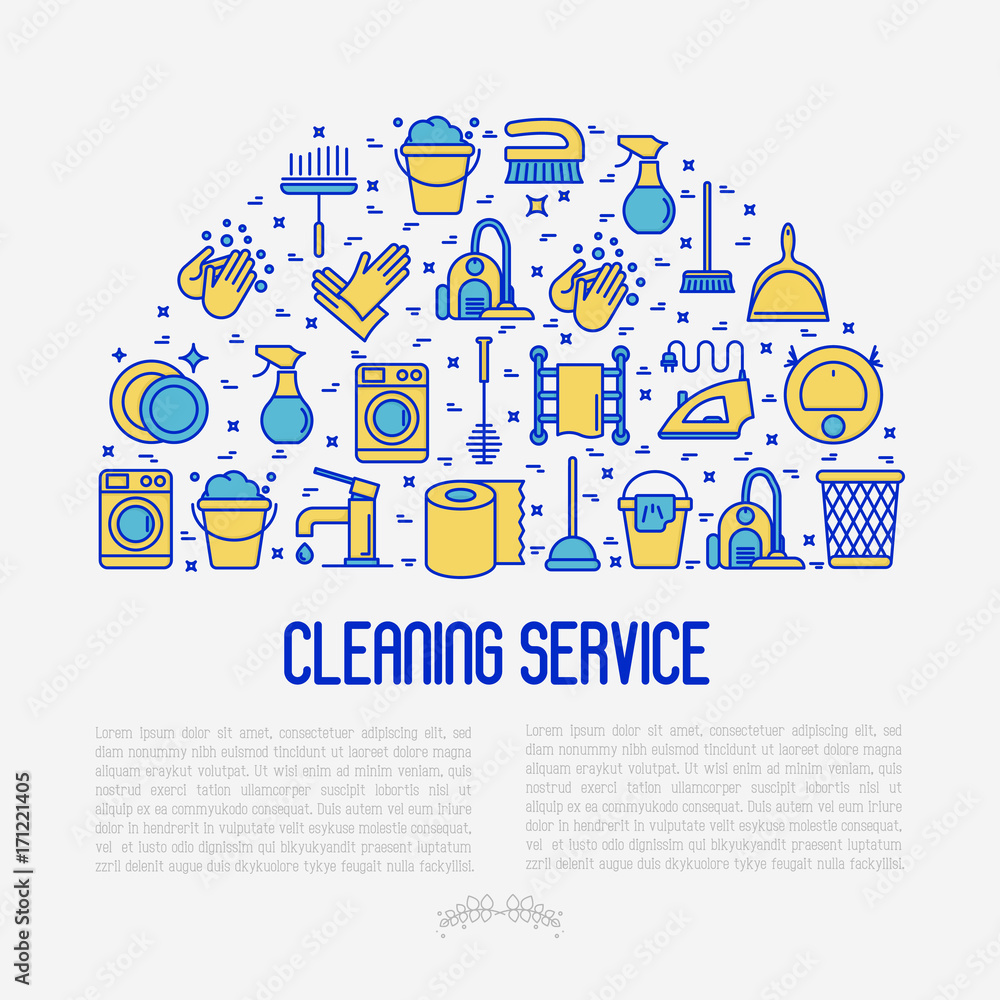 Cleaning service concept with thin line icons: iron, washer, robot vacuum cleaner, brushes and other accessories for household. Vector illustration for banner, web page, print media.