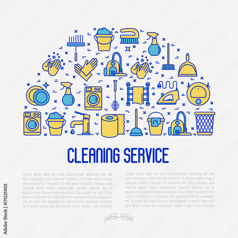 Fototapeta premium Cleaning service concept with thin line icons: iron, washer, robot vacuum cleaner, brushes and other accessories for household. Vector illustration for banner, web page, print media.
