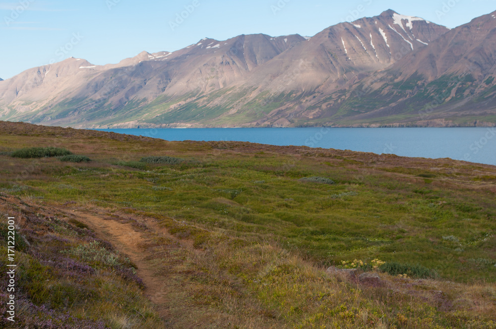 hiking route on island of Hrisey in Iceland