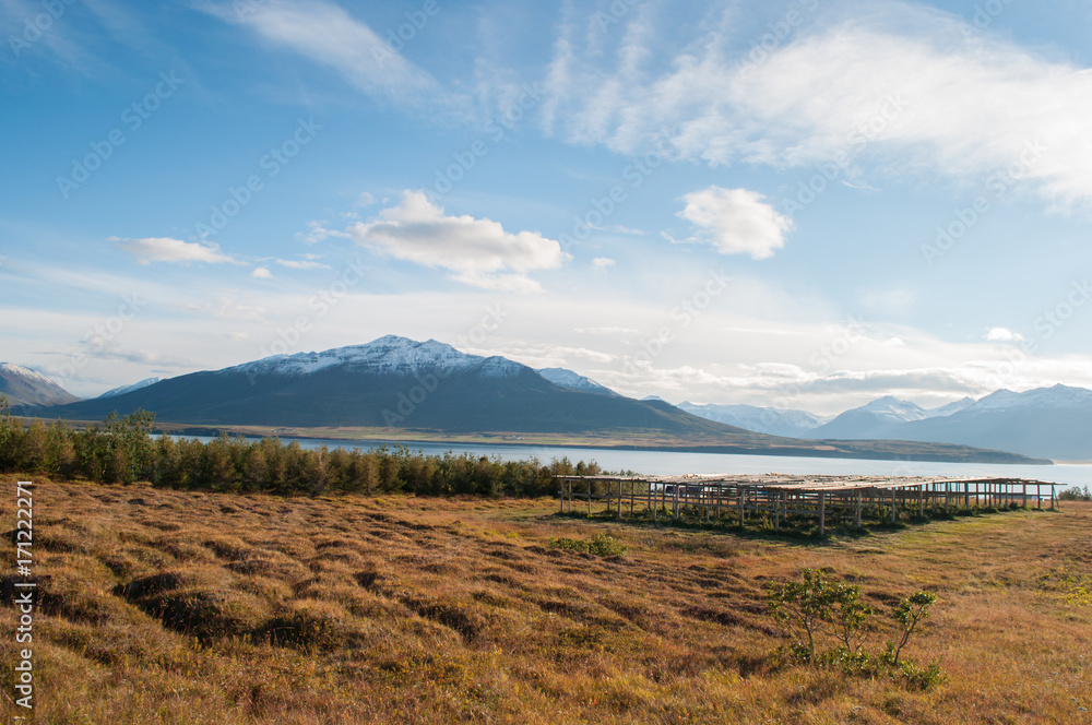 Fototapeta premium Mountain view from island of Hrisey in Iceland