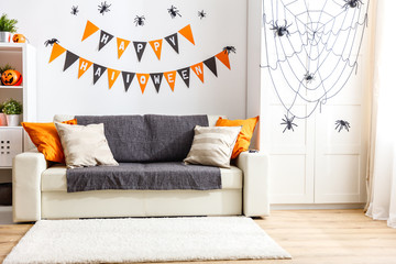 interior of   house decorated for   holiday halloween
