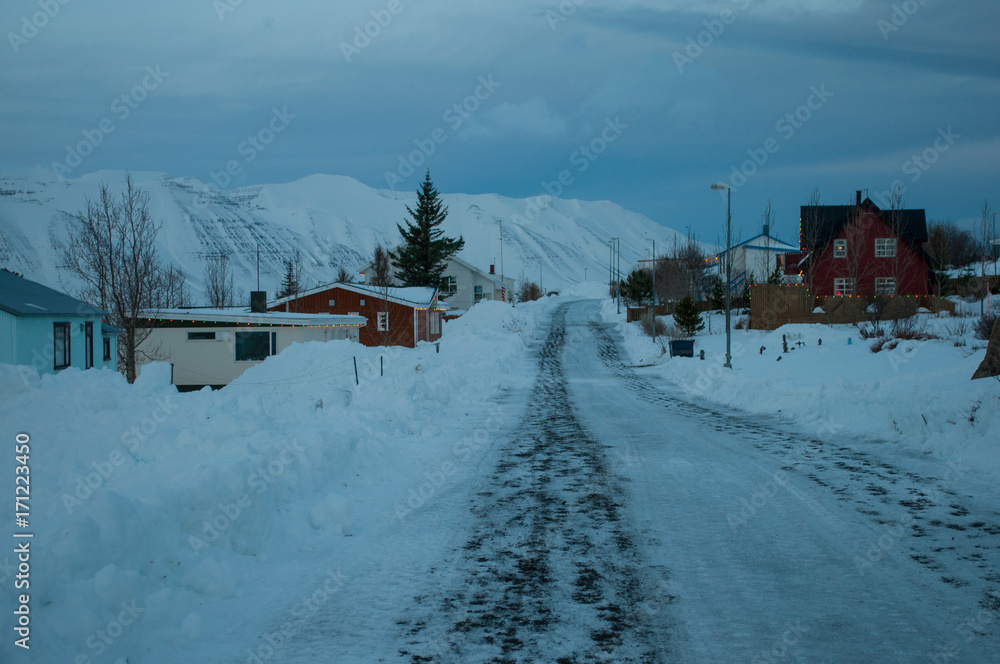 village of Hrisey in Iceland during winter