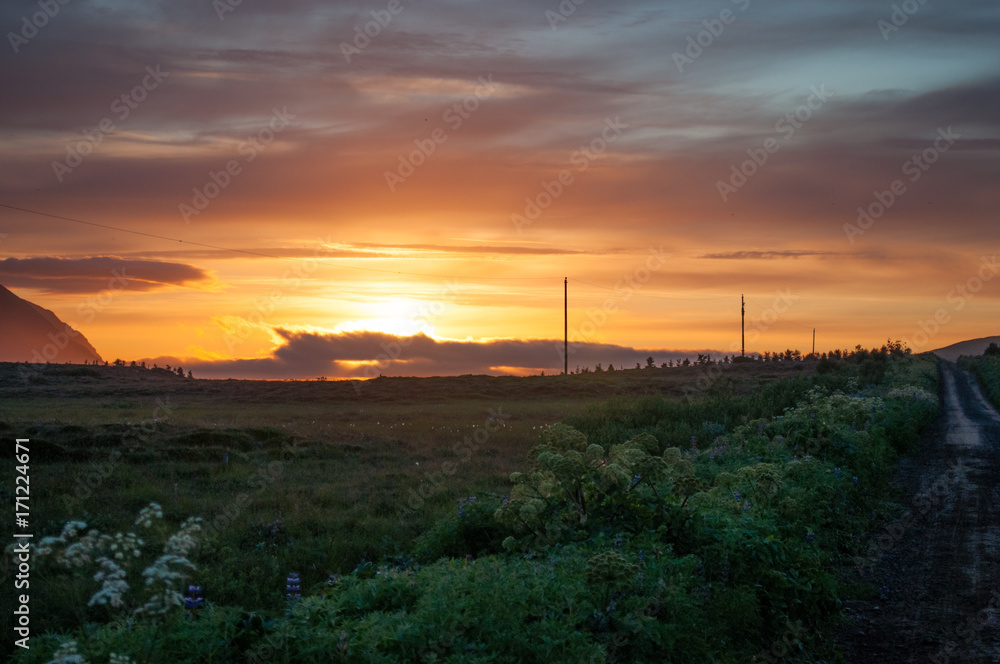 sunset on island of Hrisey in Iceland