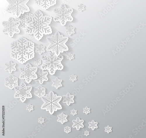White 3d snowflakes on silver background - Christmas decoration. Vector.