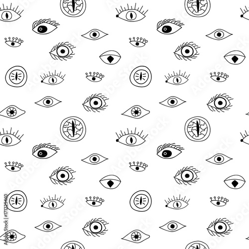 Seamless pattern with different psychedelic eyes on white background