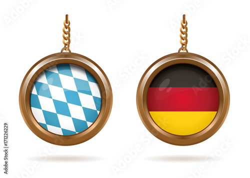 Golden medallions set with the Bavarian and German flag inside. Blue-white checkered Bavarian flag and German tricolor. Vector illustration