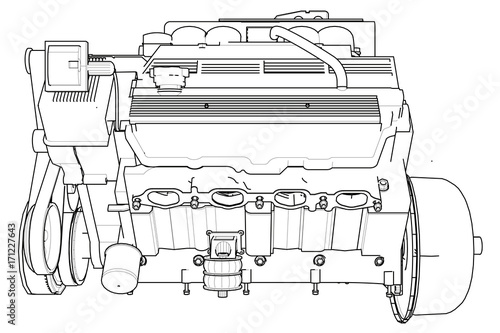 Powerful car engine. The engine is drawn with black lines on a white background.