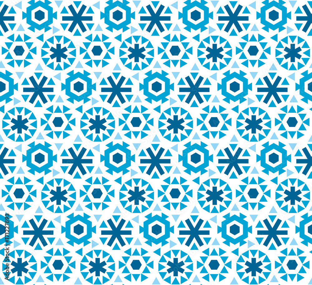 geometric flat snowflake seamless pattern vector illustration. blue winter repeatable motif for fabric, wrapping paper, surface design. ice floral abstract snow geometric flat snowflake seamless pattern vector illustration. blue winter repeatable motif for fabric, wrapping paper, surface design. ice floral abstract snow