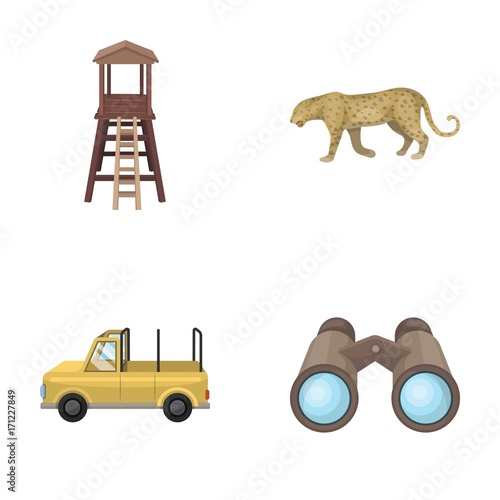 Observation tower for the hunter, leopard, hunting machine, binoculars. African safari set collection icons in cartoon style vector symbol stock illustration web.
