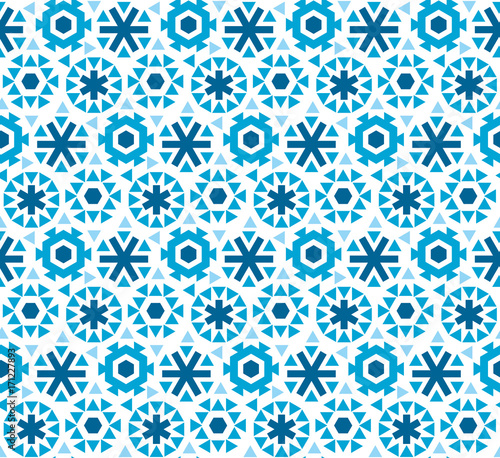 geometric flat snowflake seamless pattern vector illustration.  blue winter repeatable motif for fabric, wrapping paper, surface design. ice floral abstract snow