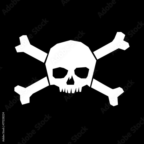 Piraten, Totenkopf mit Knochen - Icon, Symbol, Piktogramm, Bildmarke, grafisches Element - weiß, Hintergrund schwarz - Piratenflagge, T-Shirt, Web, Druck - Vektor