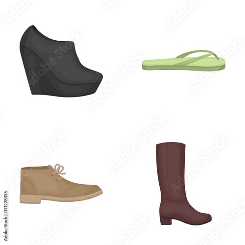 Autumn black shoes on a high platform, flip-flops green for relaxation, sandy men's autumn shoes, high brown boots. Shoes set collection icons in cartoon style vector symbol stock illustration web.