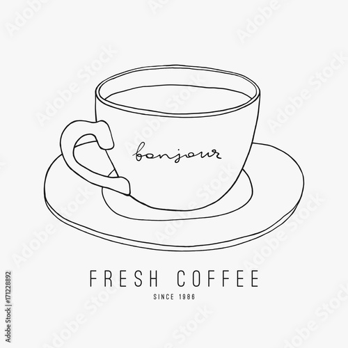 Hand drawn naive cup of coffee vector line art on the white background. Cafe or menu logo concept