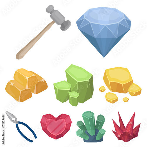 A set of jewelry, crystals, minerals and expensive metals. The jeweler inspects the ornaments.Precious minerals amd jeweler icon in set collection on cartoon style vector symbol stock illustration.