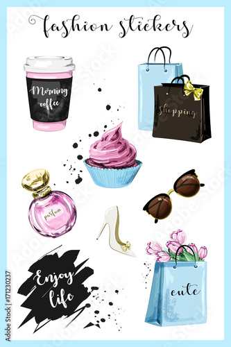 Fashion planner girl stickers with coffee cup, shopping bags, perfume, shoe, sunglasses, flowers, cupcake and slogan sticker. Sketch. Cute stickers for girls.