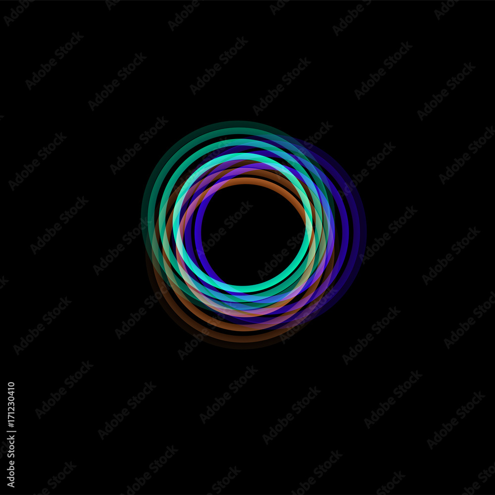 Isolated funnel abstract logo, linear unusual shape, circular line logotype. Luminous hoops, rings, wheel graphic illustration on the black background. Isolated funnel abstract logo, linear unusual shape, circular line logotype. Luminous hoops, rings, wheel graphic illustration on the black background.