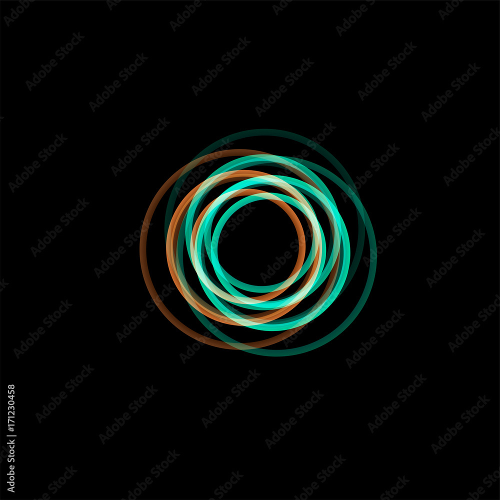 Isolated funnel abstract logo, linear unusual shape, circular line logotype. Luminous hoops, rings, wheel graphic illustration on the black background. Isolated funnel abstract logo, linear unusual shape, circular line logotype. Luminous hoops, rings, wheel graphic illustration on the black background.