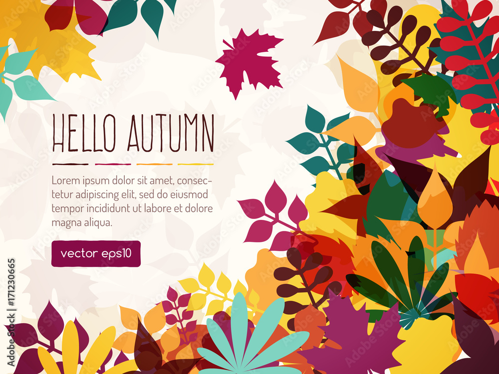 Colorful Autumn Leaves Background with Text.. Flat Design Style. 